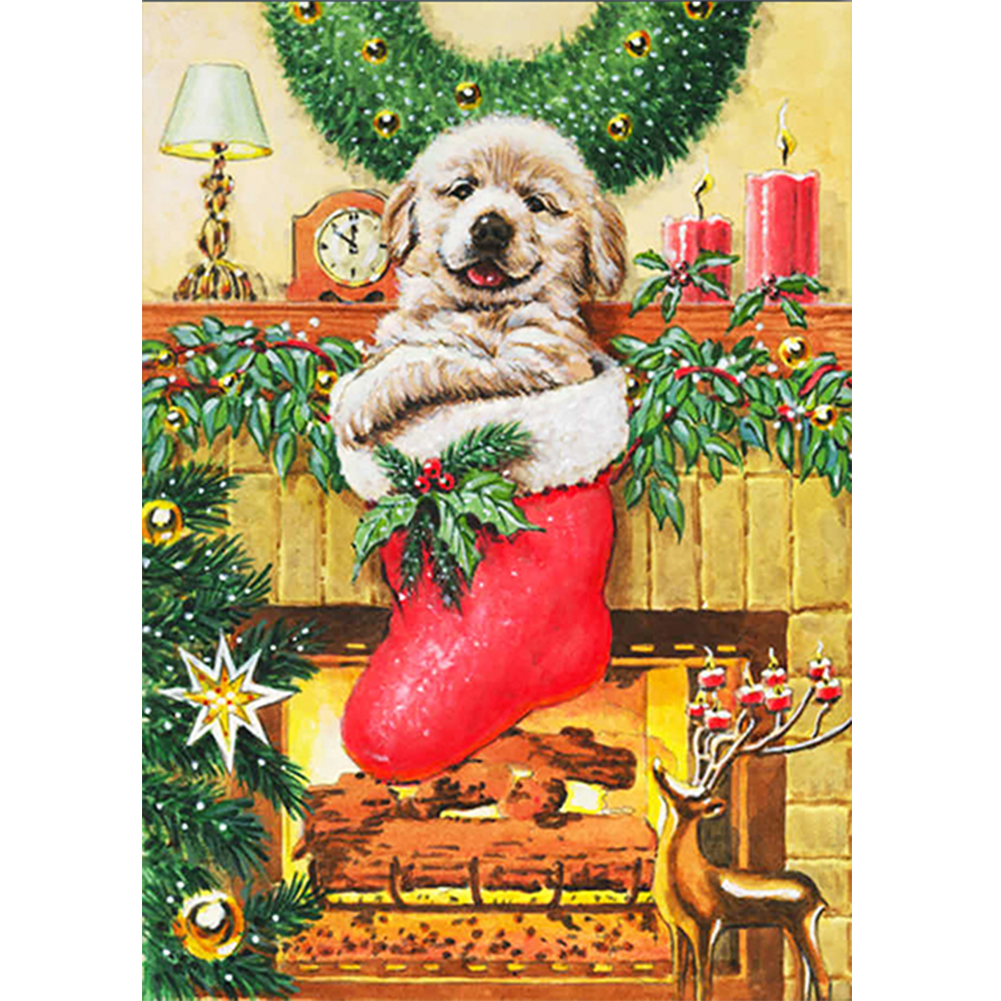 

Dog In Christmas Stocking - Round Drill Diamond Painting - 30*40CM, 501 Original