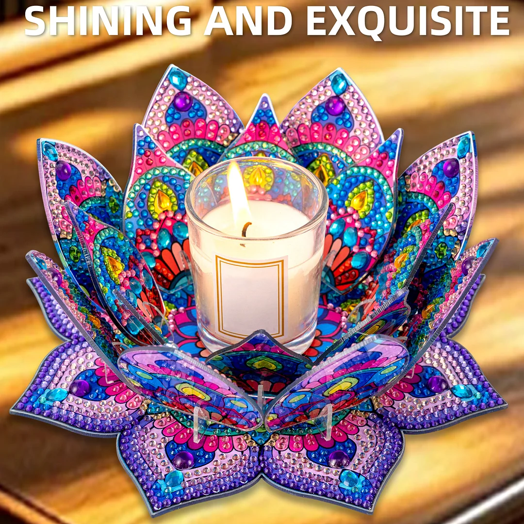 5D DIY Diamond Art Painting DIY Acrylic Desktop Ornament Flower Candle Holders Tealight Handmade Home Office Decor for Adults Beginners (Purple Lotus-A)