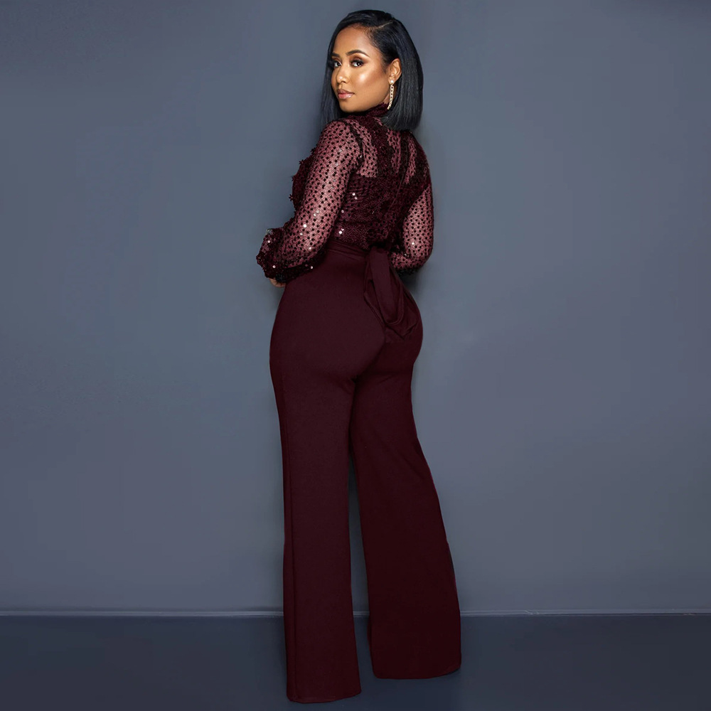 Party Turtleneck Sequin Lace Sheer Long Sleeve Top Loose Jumpsuit for Women - Ootddress