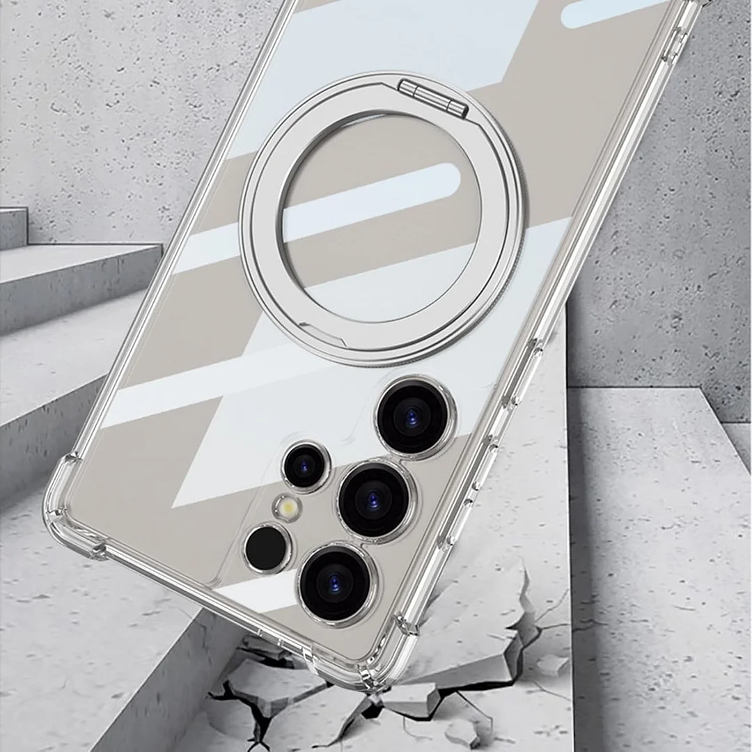 Case for Samsung Galaxy S25 Ultra, Clear Anti-Yellow PC Rugged Cover with Ring Holder Stand Shoockproof Phone Case,Black