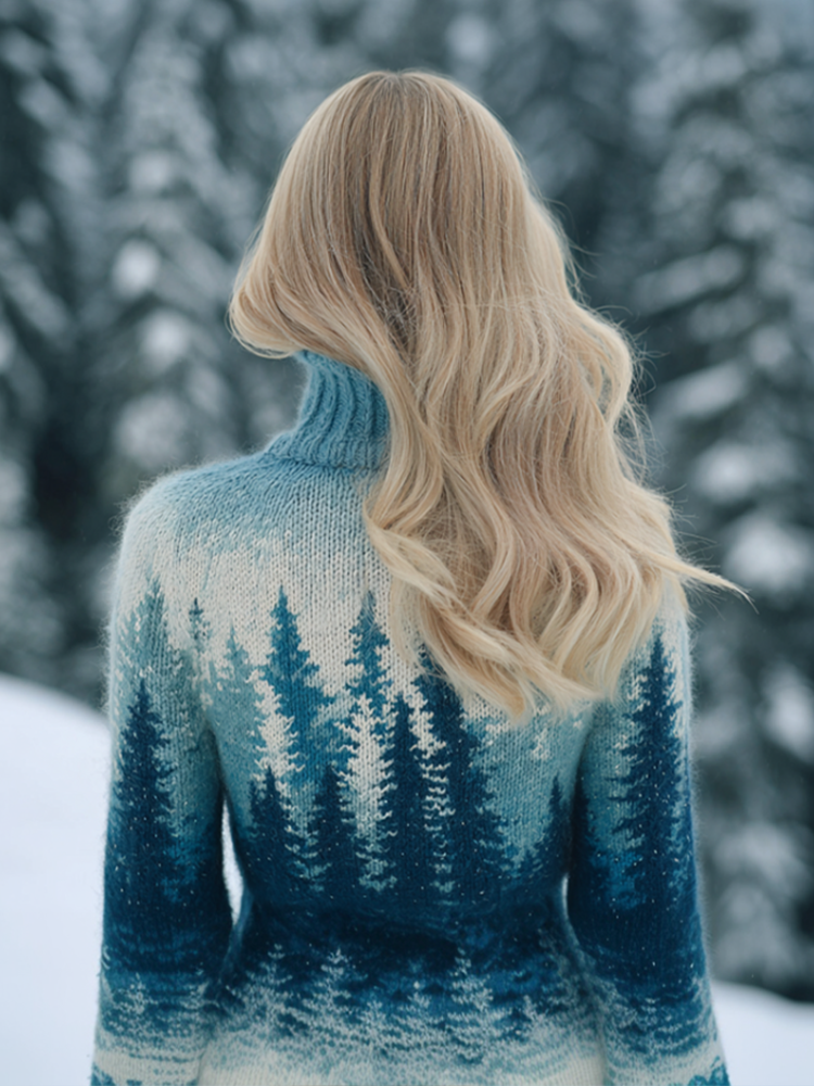 Women's Winter Snow And Ice Forest Design High Neck Tight Knit Sweater elevenforest