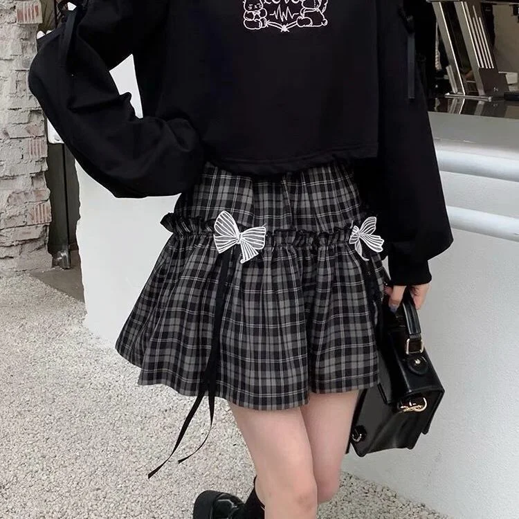 HOUZHOU Kawaii Gothic Lolita Plaid Skirt Women Goth Bow Black High Waist A-line Mini Skirts Japanese Style Harajuku Soft Girl