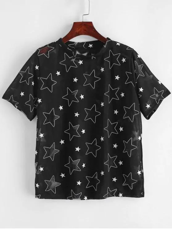 Mesh Star Round Neck Tee for Women