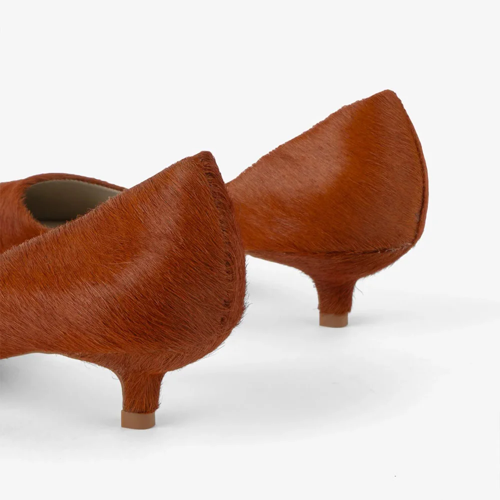 Women's Brown Pointed Toe Slip On Kitten Heel Pumps with Cut Out