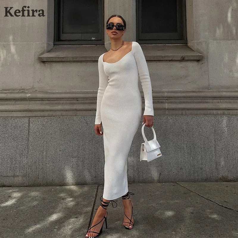 Jacuqeline 2022 Knitted Green Midi Sexy Bodycon Women Dress Spring Long Sleeve Off Shoulder Split Elegant Sweater Party Dresses