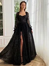 Black Romantic Evening Ball Gown Long Lace Sleeve Sweetheart A Line High Leg Split Sexy Prom Dress Sparkling Maxi Floor Length Special Occasion Corset