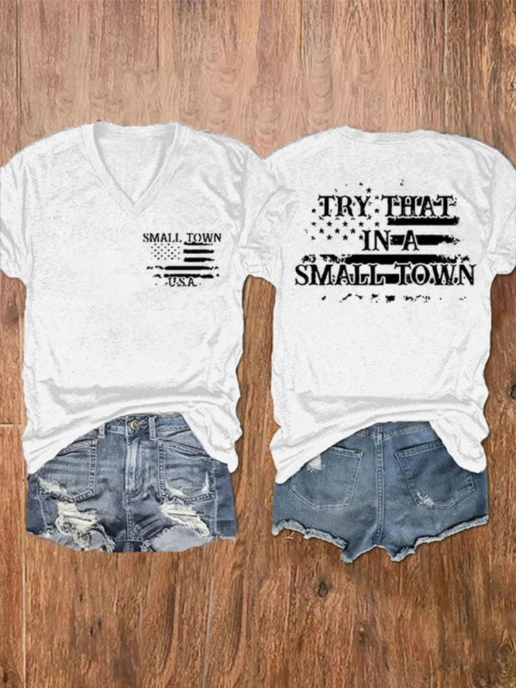 Comstylish Women's Small Town USA American Flag Try That In A Small Town Print V-Neck T-Shirt