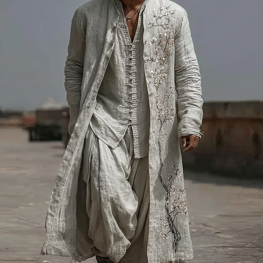 Men's Japanese-style Cherry Blossom Art Long Kimono  artssus