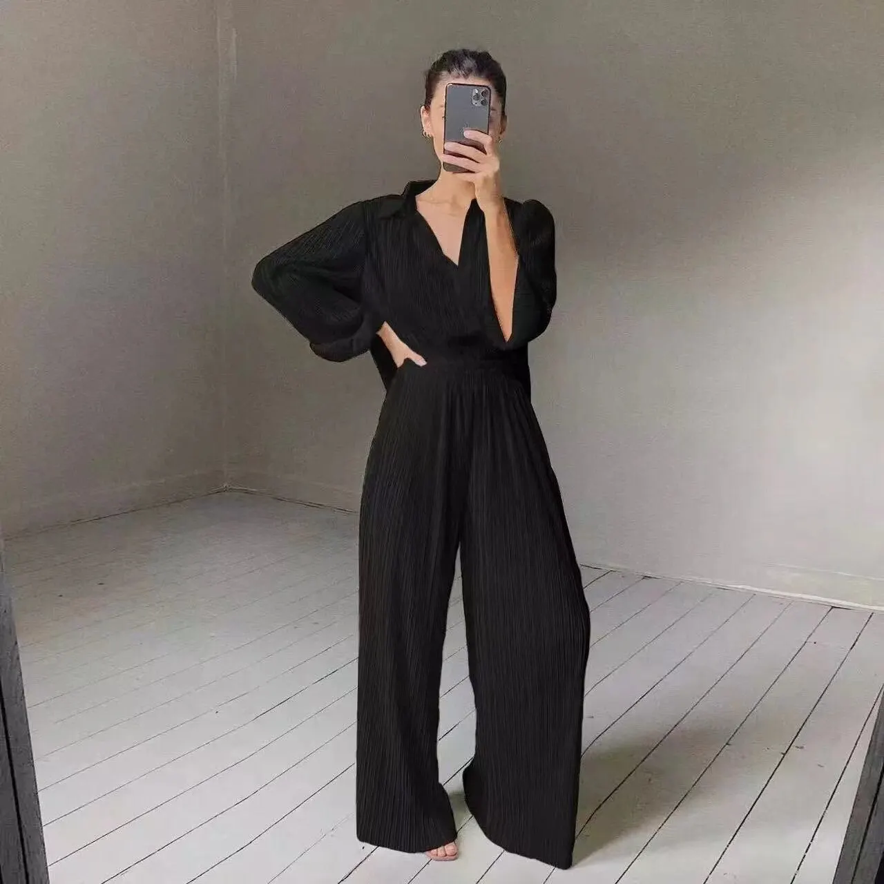 Joskka Womens Fashion Homewear Loose Long Sleeve Blouses And High Waist Wide Leg Pants