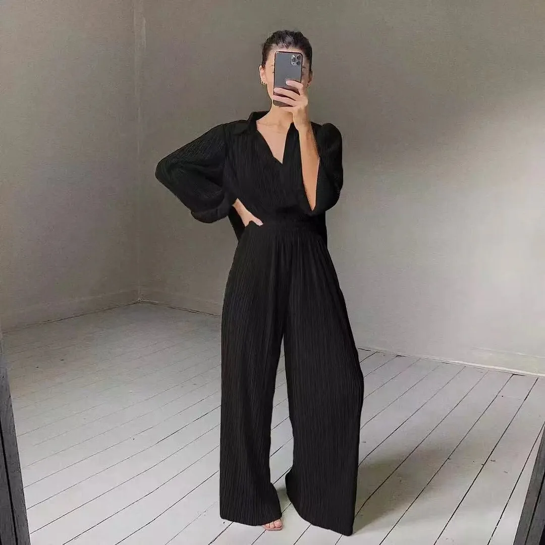 Joskka Womens Fashion Homewear Loose Long Sleeve Blouses And High Waist Wide Leg Pants