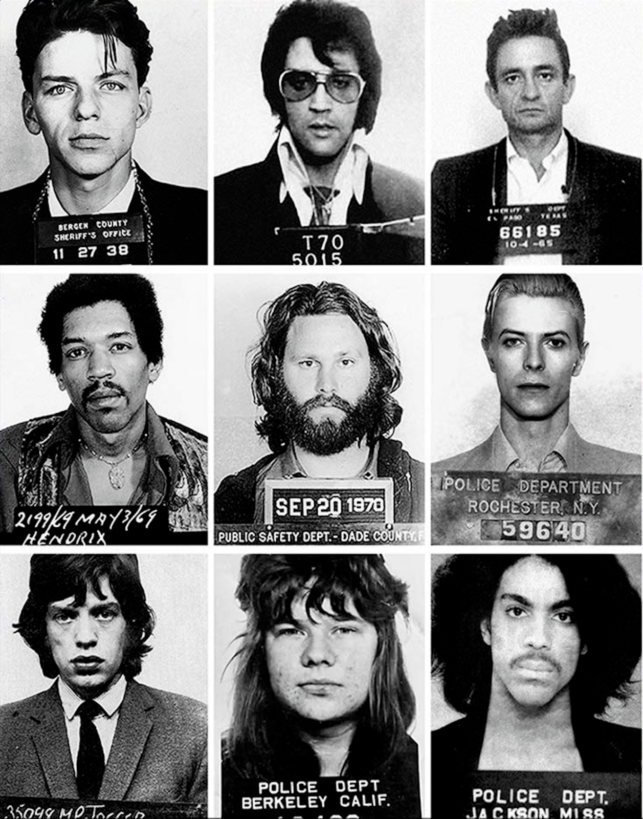 MUGSHOTS ELVIS SINATRA CASH HENDRIX PRINCE BOWIE MICK JANICE JIM 8.5 X11 Photo Poster painting