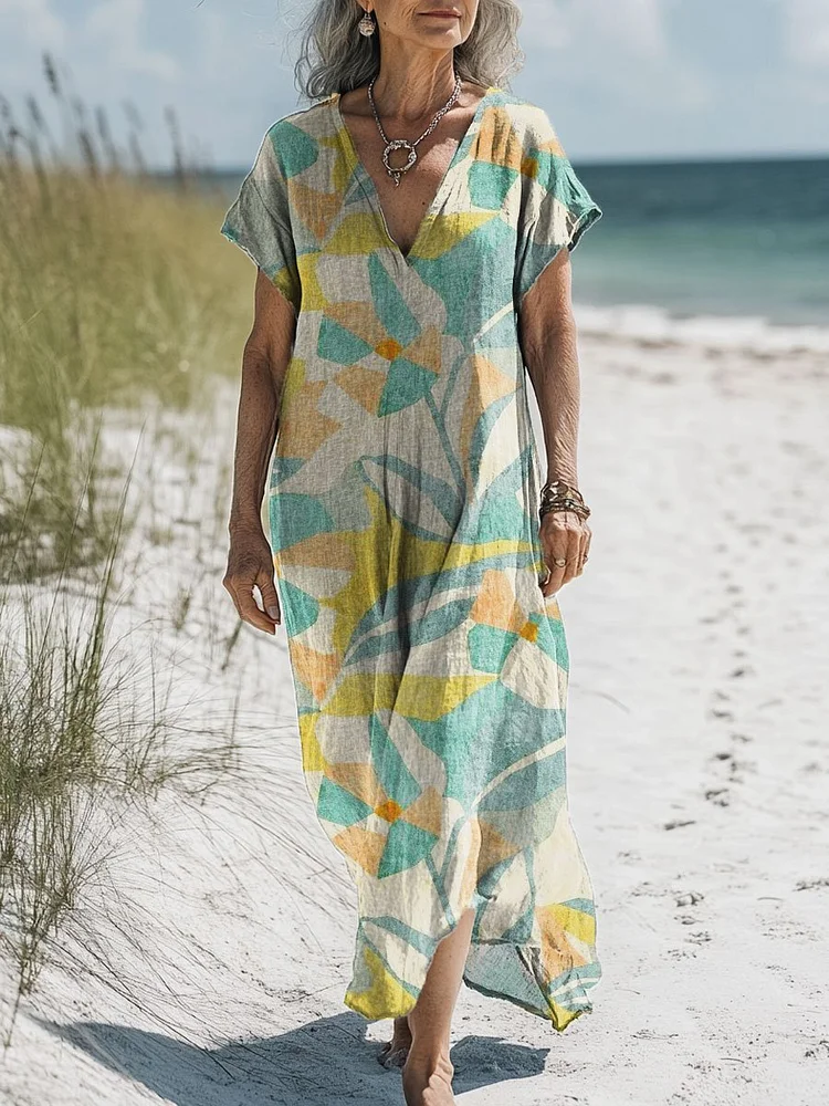 Women's Vintage Flower Art Print Pocket Cotton Dress