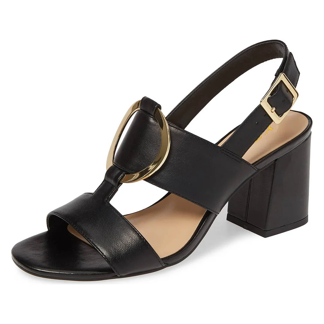 YDN Black Hardware Open Toe Buckle Strap Block Heeled Sandals