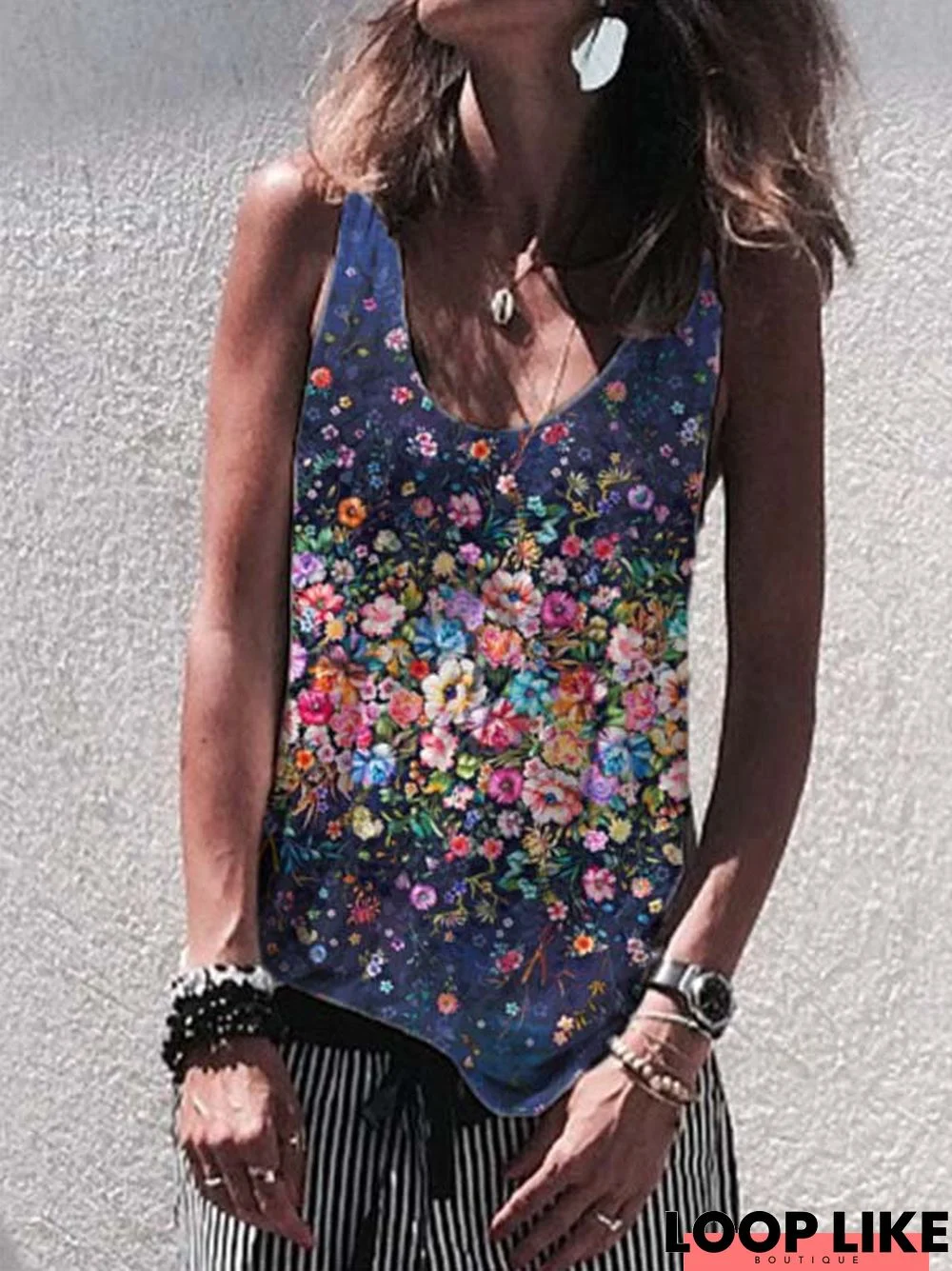 Floral-print Cotton-Blend Sleeveless Casual Shirts & Tops