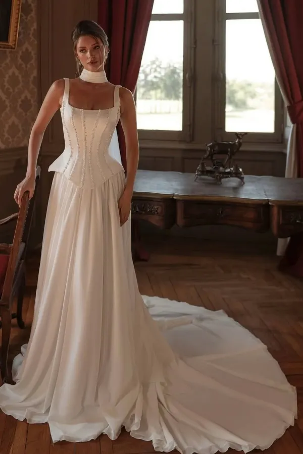 Lussooy Chic Wide Shoulder Straps White Beaded Sleeveless Wedding Dress with Scarf  