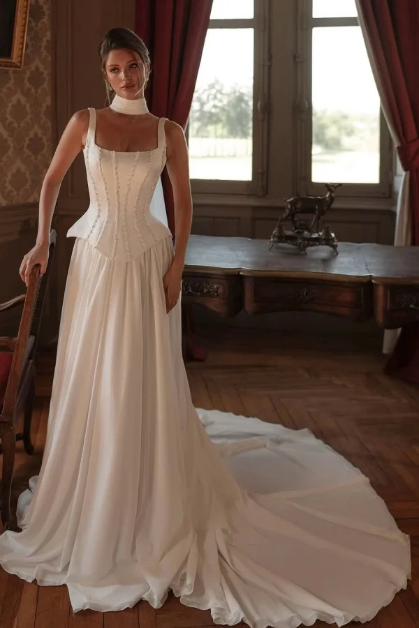 Miabel Chic White Wide Shoulder Straps Sleeveless Beaded Wedding Dress with Scarf 
