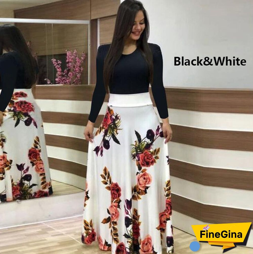 Women's Fashion Causal Dress Long Sleeve Printed Dress High Waist Long Dress Plus Size S-5XL