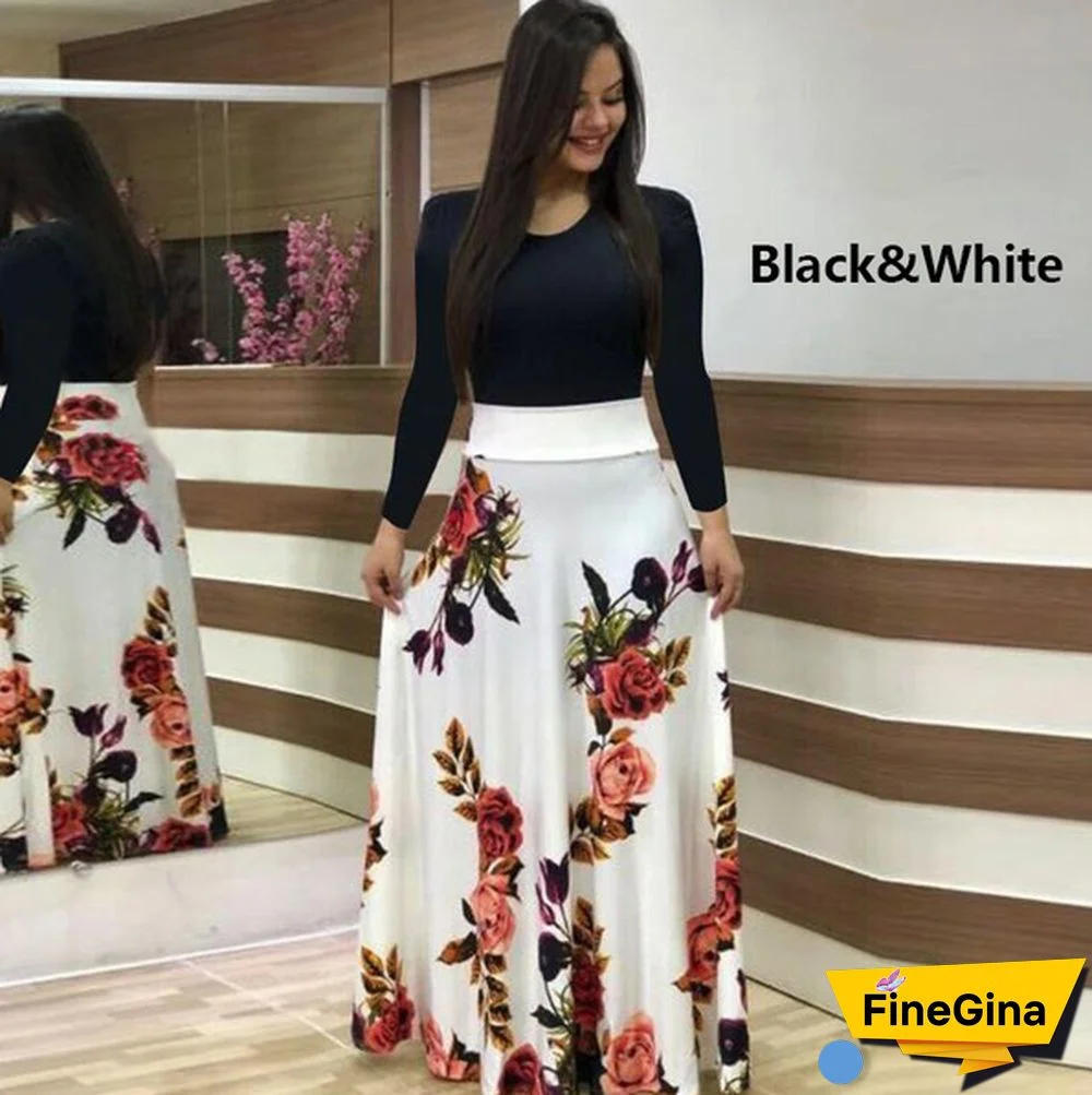 Women's Fashion Causal Dress Long Sleeve Printed Dress High Waist Long Dress Plus Size S-5XL