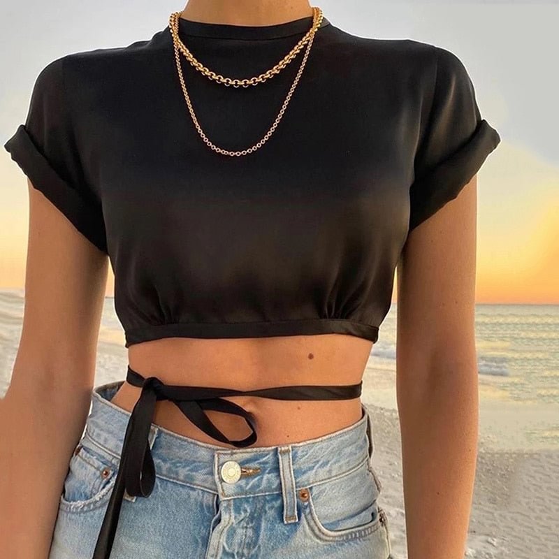 NewAsia Satin Woman Tshirts Short Sleeve Tees Cut out Backless Tie up Crop Top Lady party Black Casual Streetwear y2k Clothes