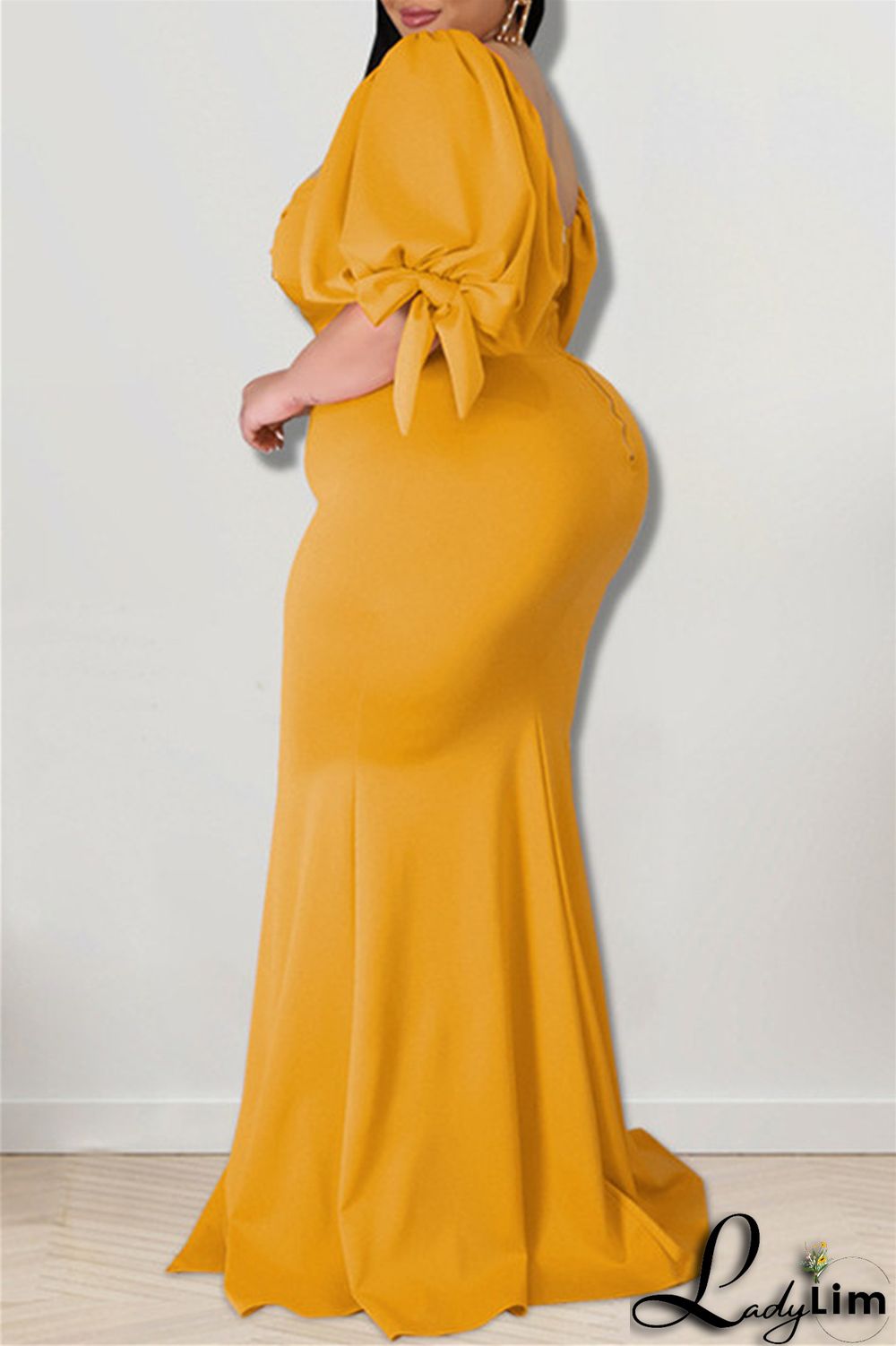 Pink Fashion Sexy Plus Size Solid Backless Slit Square Collar Evening Dress