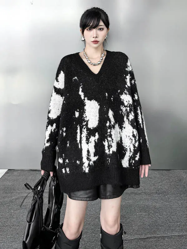 Abstract Printed Contrast Color Ribs Split-Joint Long Sleeves Loose V-Neck Sweater Tops