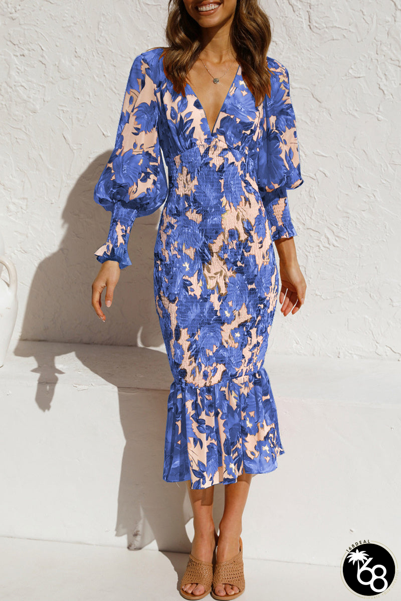 Sweet Elegant Print Patchwork V Neck Waist Skirt Dresses | 168DEAL
