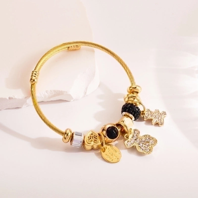 304 Stainless Steel Alloy Gold Plated Cute Romantic Sweet Beaded Plating Inlay Devil’S Eye Bear Artificial Crystal Bangle
