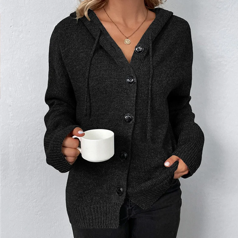 Solid Color Single Breasted Hooded Drawstring Sweater Cardigan