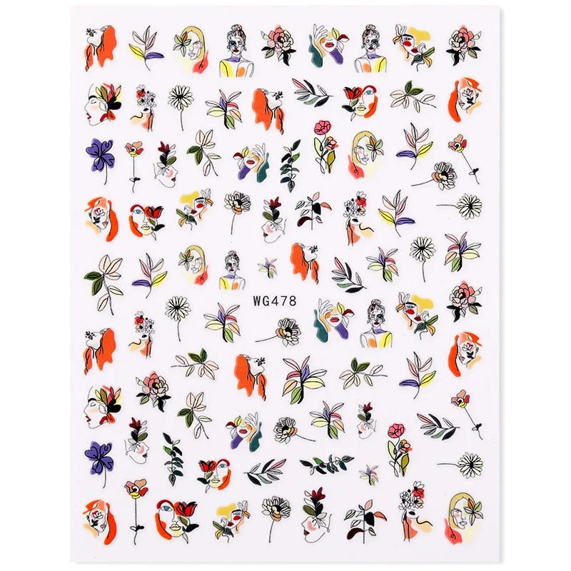 1PC Sexy Lady Shaped 3D Nail Stickers Character Face Image Leaves Flower Decals Slider Black White DIY Nail Art Decorarion-Nail Inspo