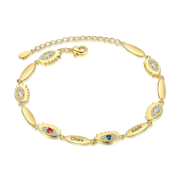 Evil Eye Bracelet in Gold Personalized 2 Birthstones and Names Bracelet for Her