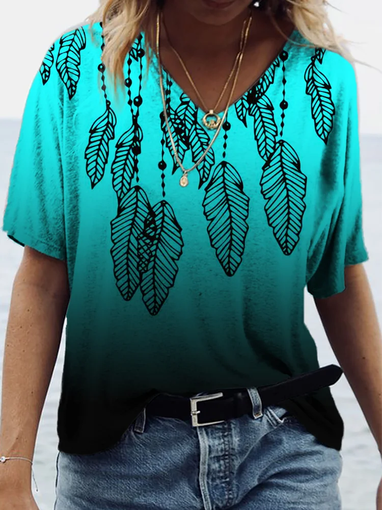 Ethnic Feather Pattern Gradient V Neck T Shirt