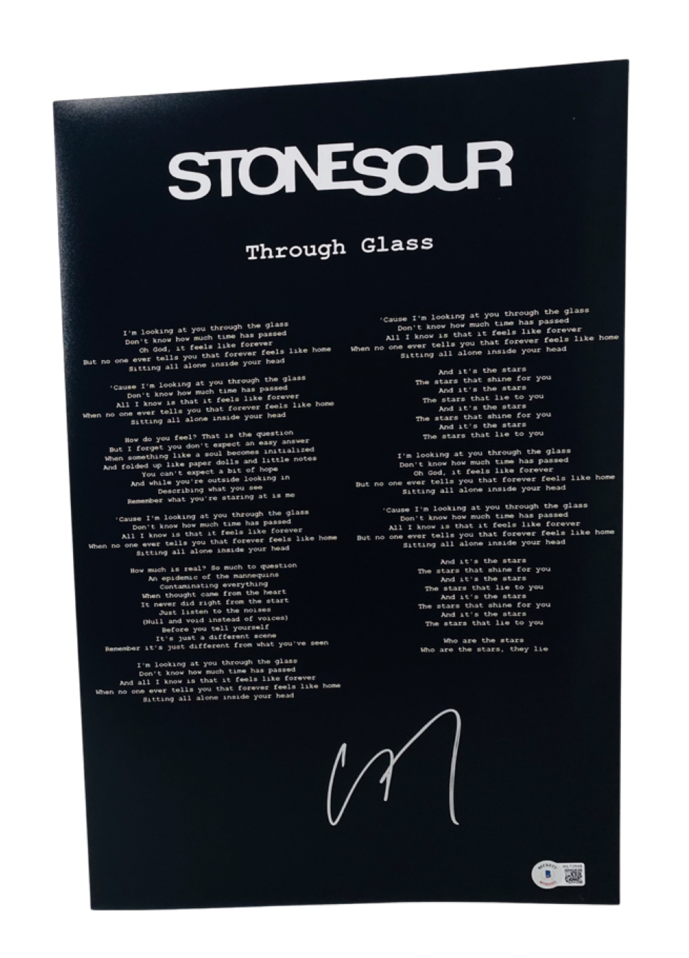 Corey Taylor Signed Stone Sour Through Glass 11x17 Song Lyric Poster Beckett COA