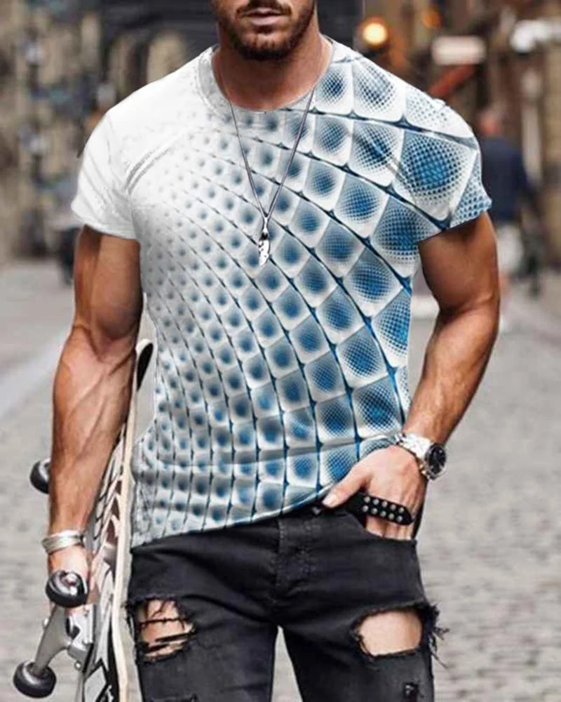 Casual Blue and White Square Print Short-sleeved T-shirt