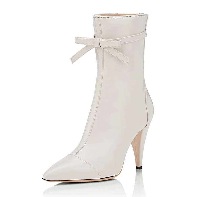 Ivory Fashion Boots Pointy Toe Cone Heel Bow Mid Calf Boots |FSJ Shoes