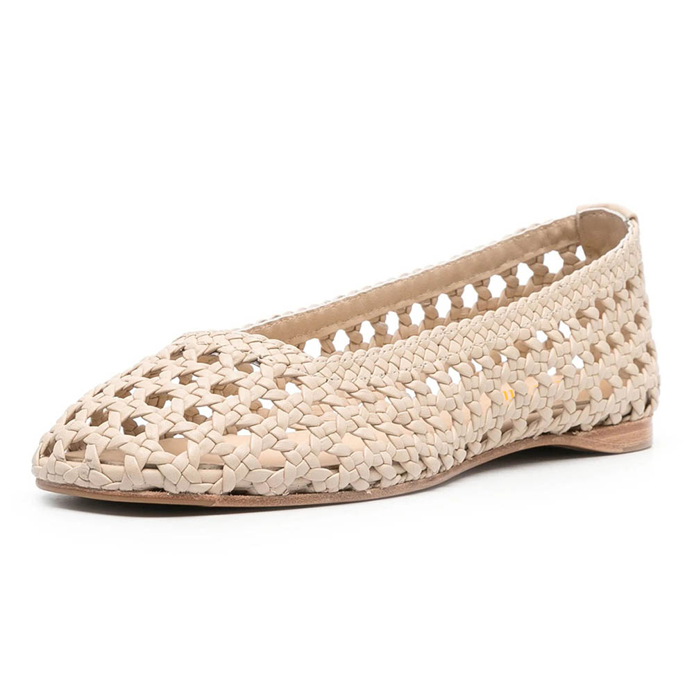 Chic Square Toe Braided Cutout Slip On Flat Women's Sandals in Beige Nicepairs