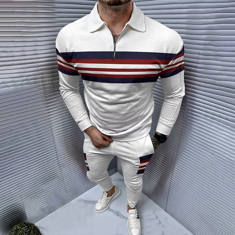 BrosWear Fashion Contrast Stripe White Polo Shirt And Pants Co-Ord