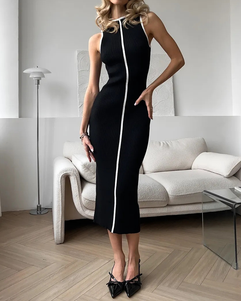 Contrast Vertical Stripe Sleeveless Midi Dress