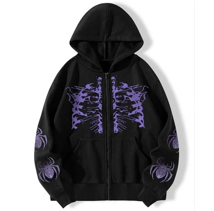 Retro Spider Print Hoodie Dark Style Loose Cardigan Zipper Sweatshirt at Hiphopee