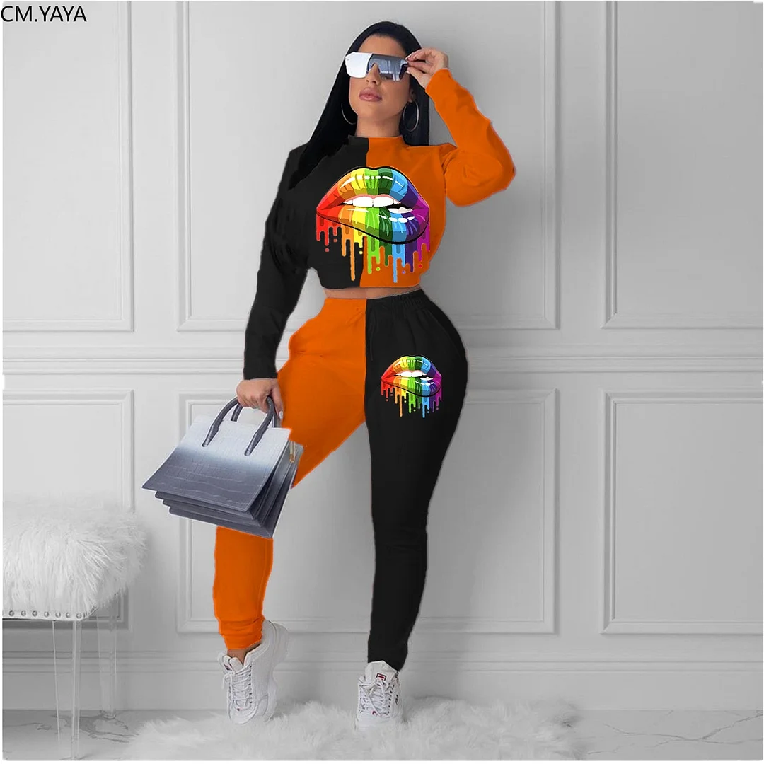 2019 Autumn Winter Women Tracksuits Turtleneck Mouth Print Long Sleeve Top Long Pants two piece set Casual Sporty Outfits L5093