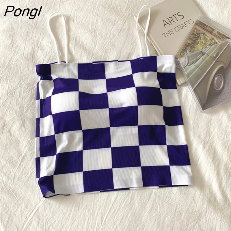 Pongl Women Plaid Crop Top With Padded Slim Crop Tops Patchwork Camisole Tube Tops Spaghetti Bra Top Women 2022 Summer