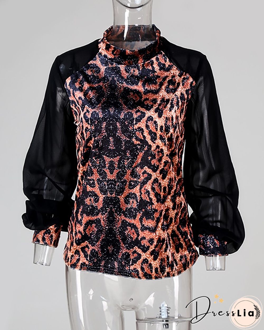 Leopard Mesh Long Sleeve Casual Blouse