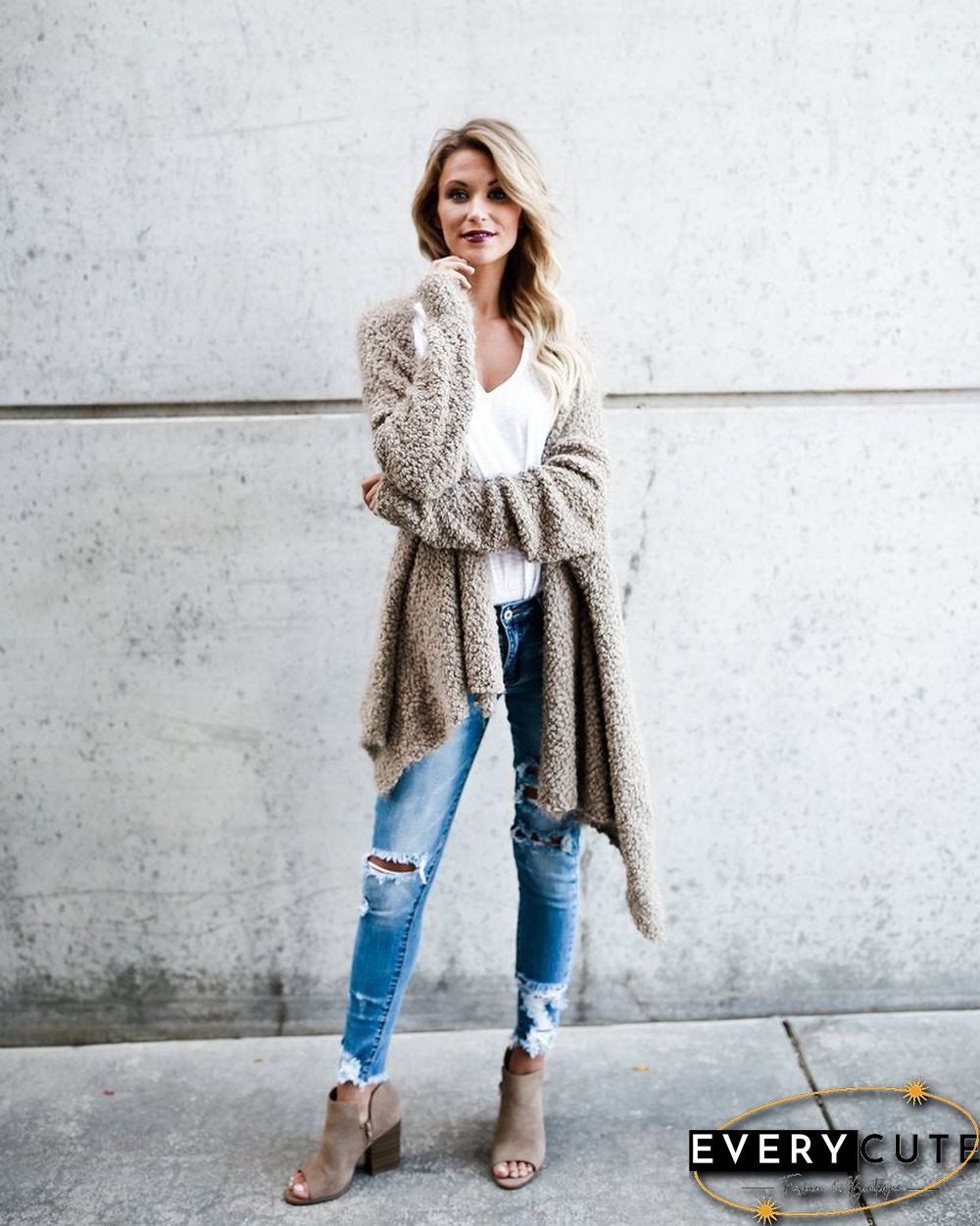 Asymmetrical Plain Loose Keep Warm Fleece Cardigan Coat