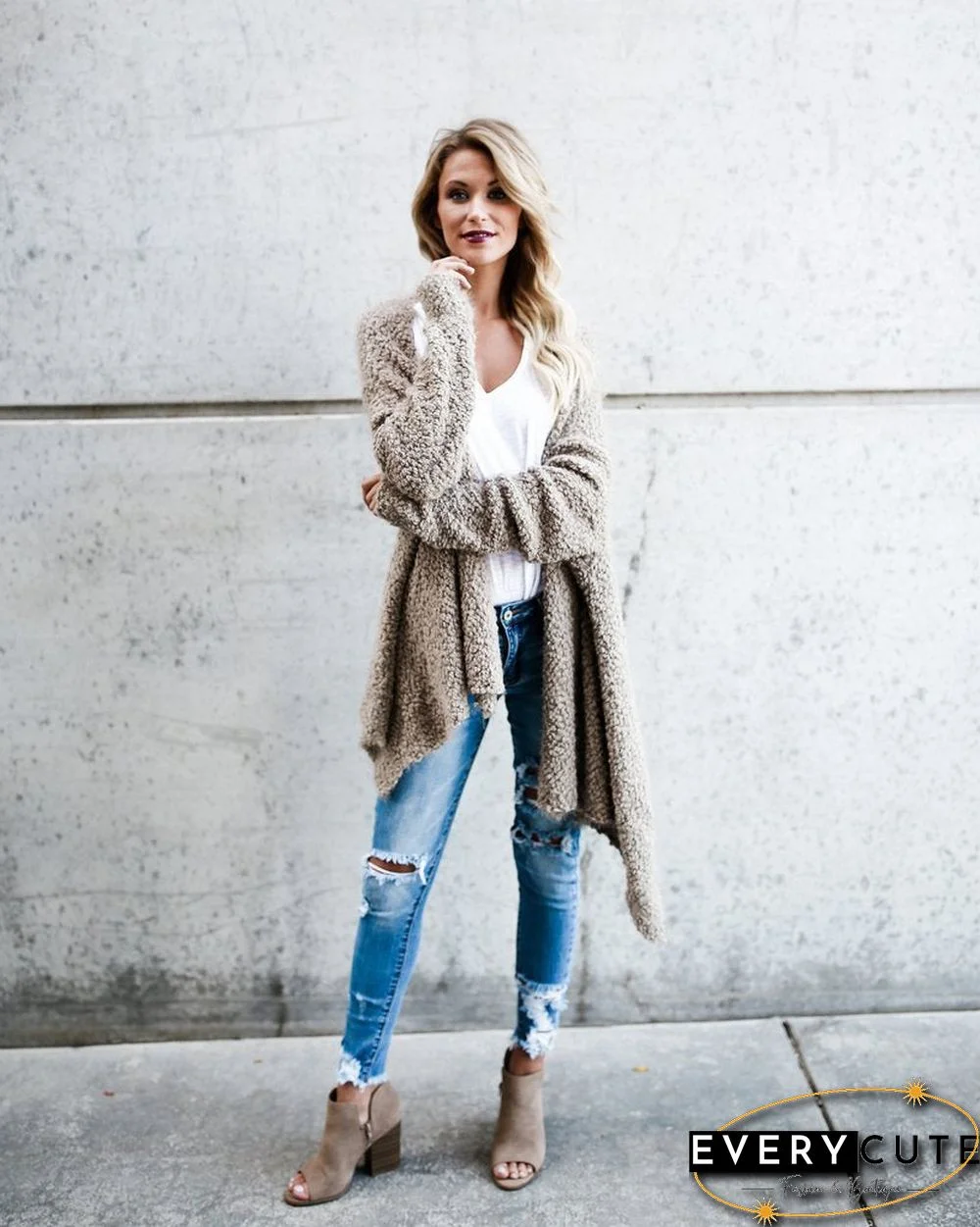 Asymmetrical Plain Loose Keep Warm Fleece Cardigan Coat