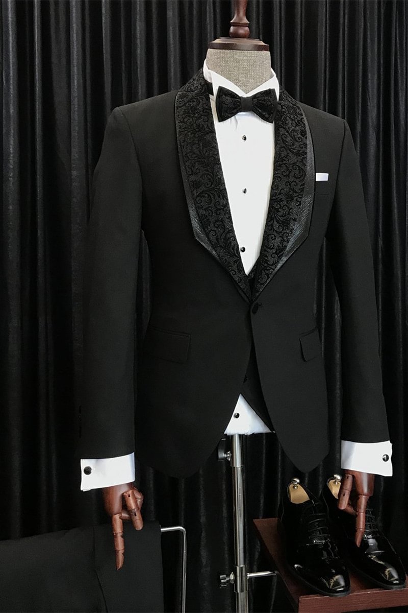 Black Slim Fit Augustus Elegant Weding Men Suits With Special Jacquard Lapel | Ballbellas Ballbellas