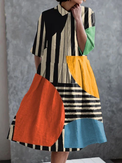 Retro Geometric Abstract Print Casual Pocket Half Sleeve Dress