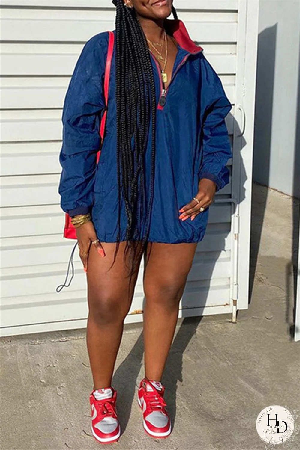 Deep Blue Fashion Casual Solid Split Joint Zipper Collar Long Sleeve Dresses