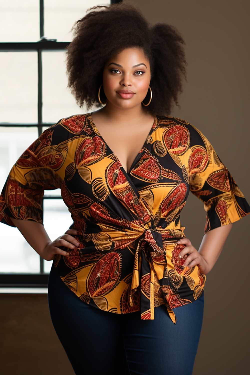 Design Plus Size Daily Brown Ankara Wrap Neck 3/4 Sleeve Knitted Tops [Pre-Order]