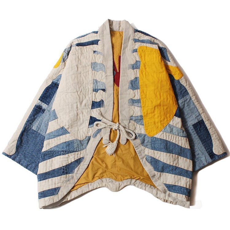 Knotted color-block kimono cardigan jacket