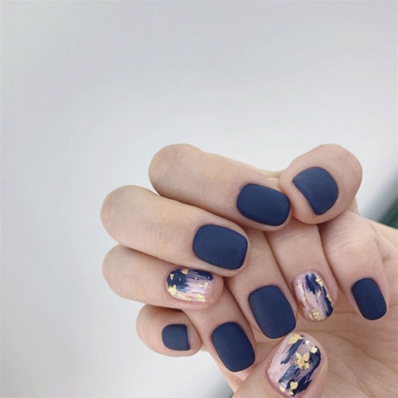 24pcs/box Blue Dye With Sequins Decorated press on nail tips Frosted Square Head Short Wearable Full Cover fake nails with glue