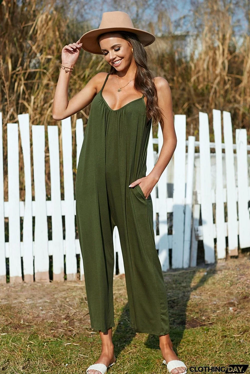 Spaghetti Straps Wide Leg Pocketed Jumpsuits